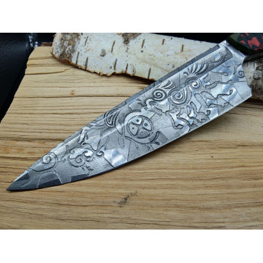 Кастомный Кухонный Шеф «Дип Петроглиф (Deep Petroglyph)»Сталь 95X18 WA,Рукоять G10, пин с клеймом, карбон